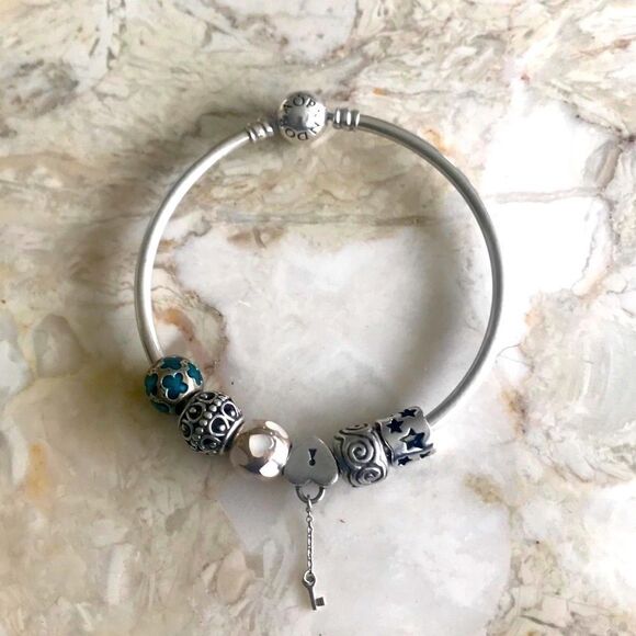 Pandora Sterling Silver Solid Bangle & 6 Charms - Picture 1 of 8